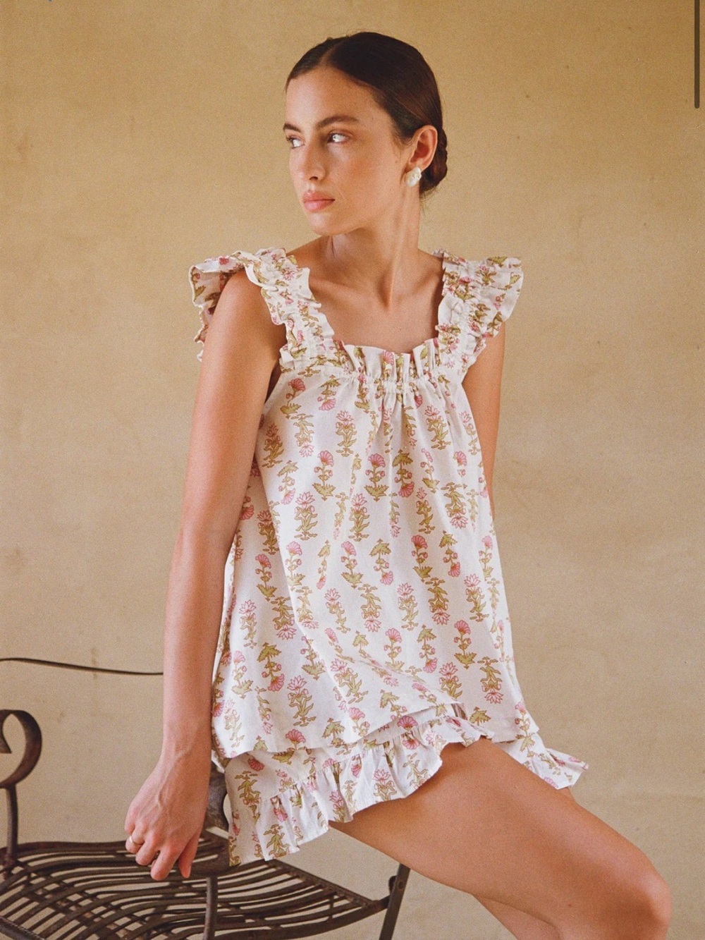 Piyama Nicolette Sleep Top M Lotus Flower Cotton Floral Ruffle Pajama Lounge